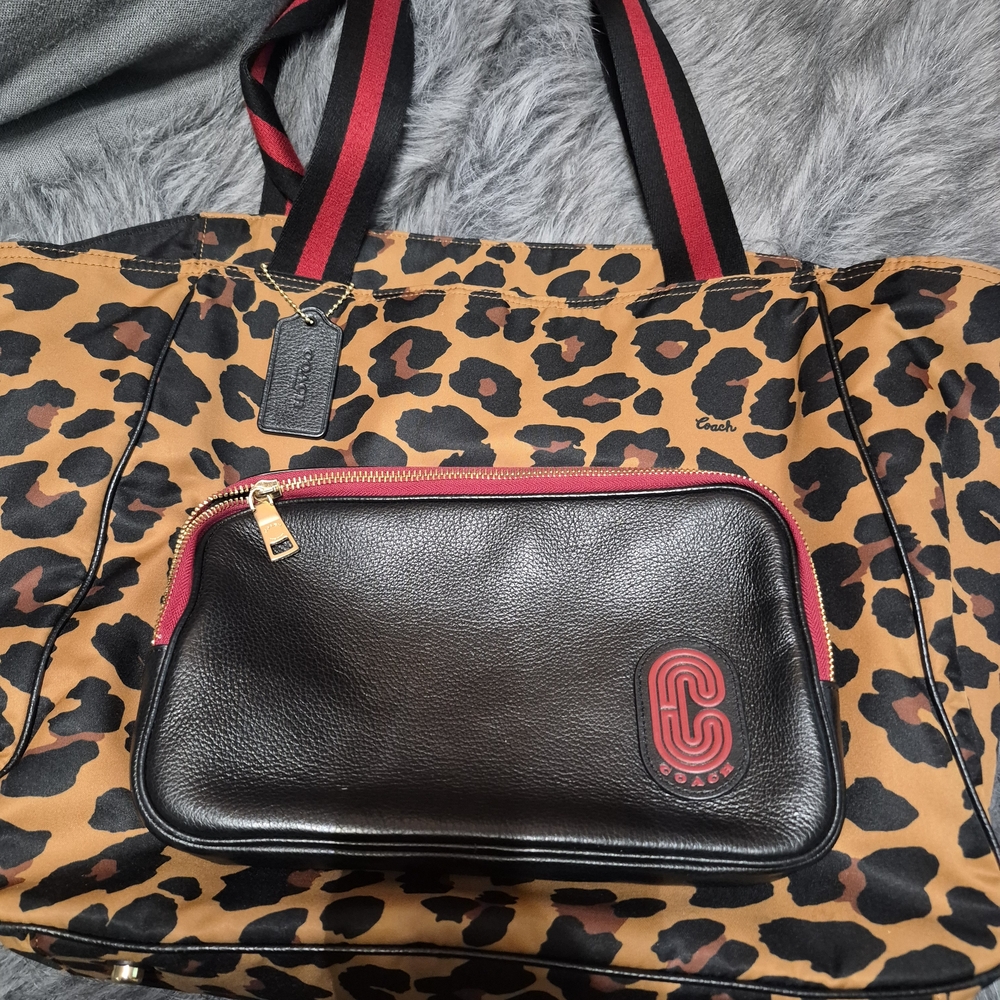 Coach Leopard Print Travel Bag with Black and Red Accents